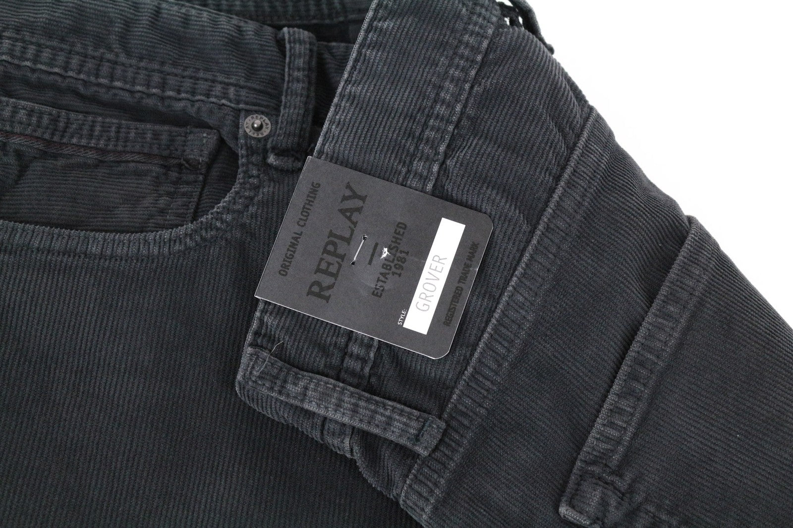 REPLAY Grover vyriškos pilkos velveto tiesaus kirpimo medvilninės tamprios kelnės W31/L34