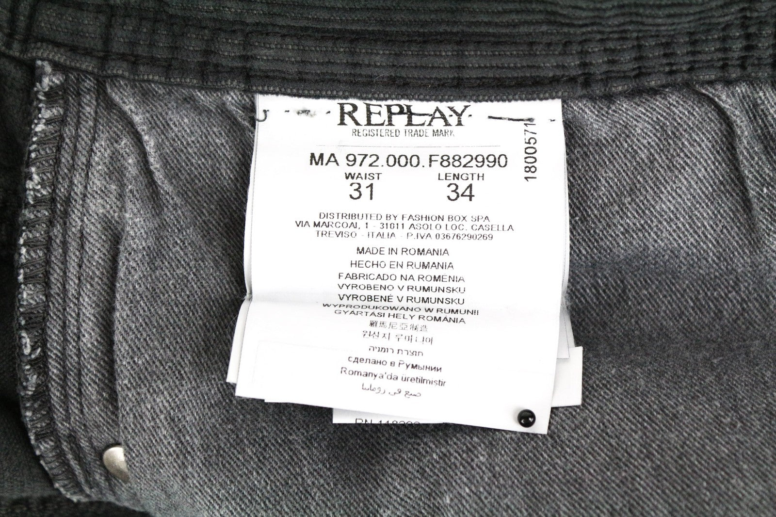 REPLAY Grover vyriškos pilkos velveto tiesaus kirpimo medvilninės tamprios kelnės W31/L34