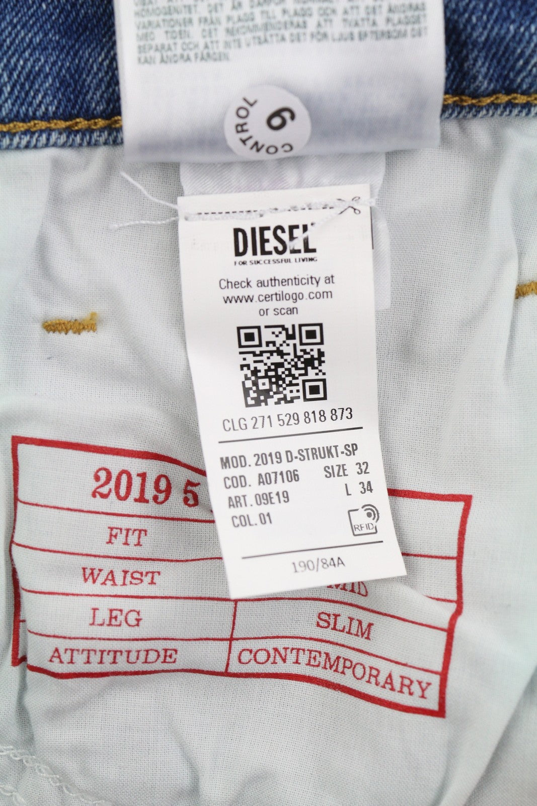 DIESEL 2019 D-Strukt-Sp 09E19 vyriški džinsai W32/L34 mėlyni, išblukinti, skalbti, ploni, su užtrauktuku 