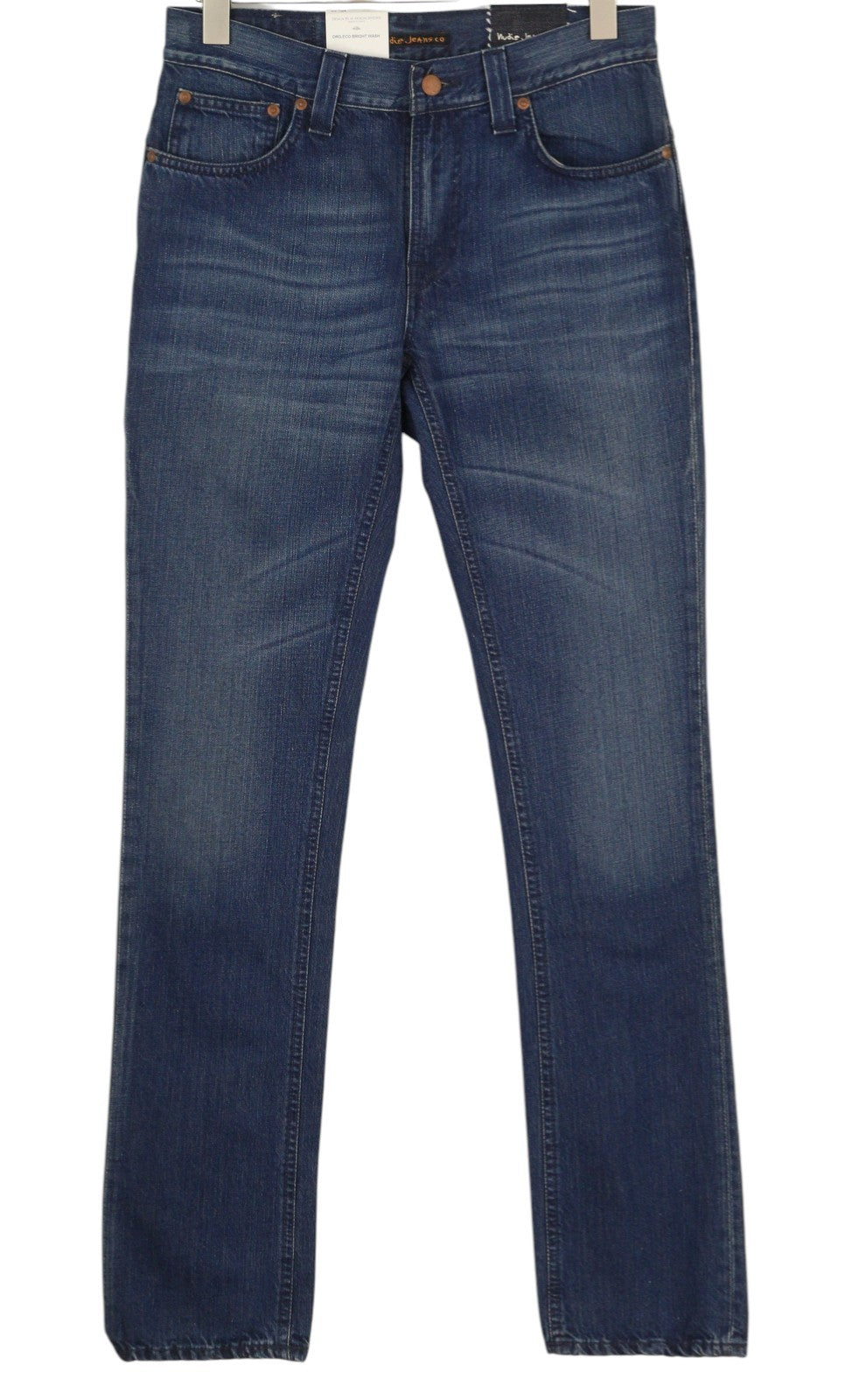 NUDIE JEANS ploni Finn vyriški džinsai W30/L34 mėlyni išblukinti skalbti ploni kirpimo organiniai užtrauktukai