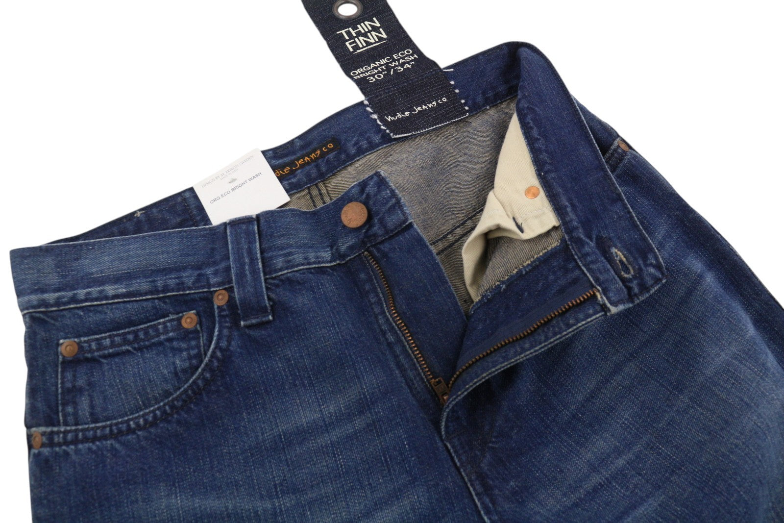 NUDIE JEANS ploni Finn vyriški džinsai W30/L34 mėlyni išblukinti skalbti ploni kirpimo organiniai užtrauktukai