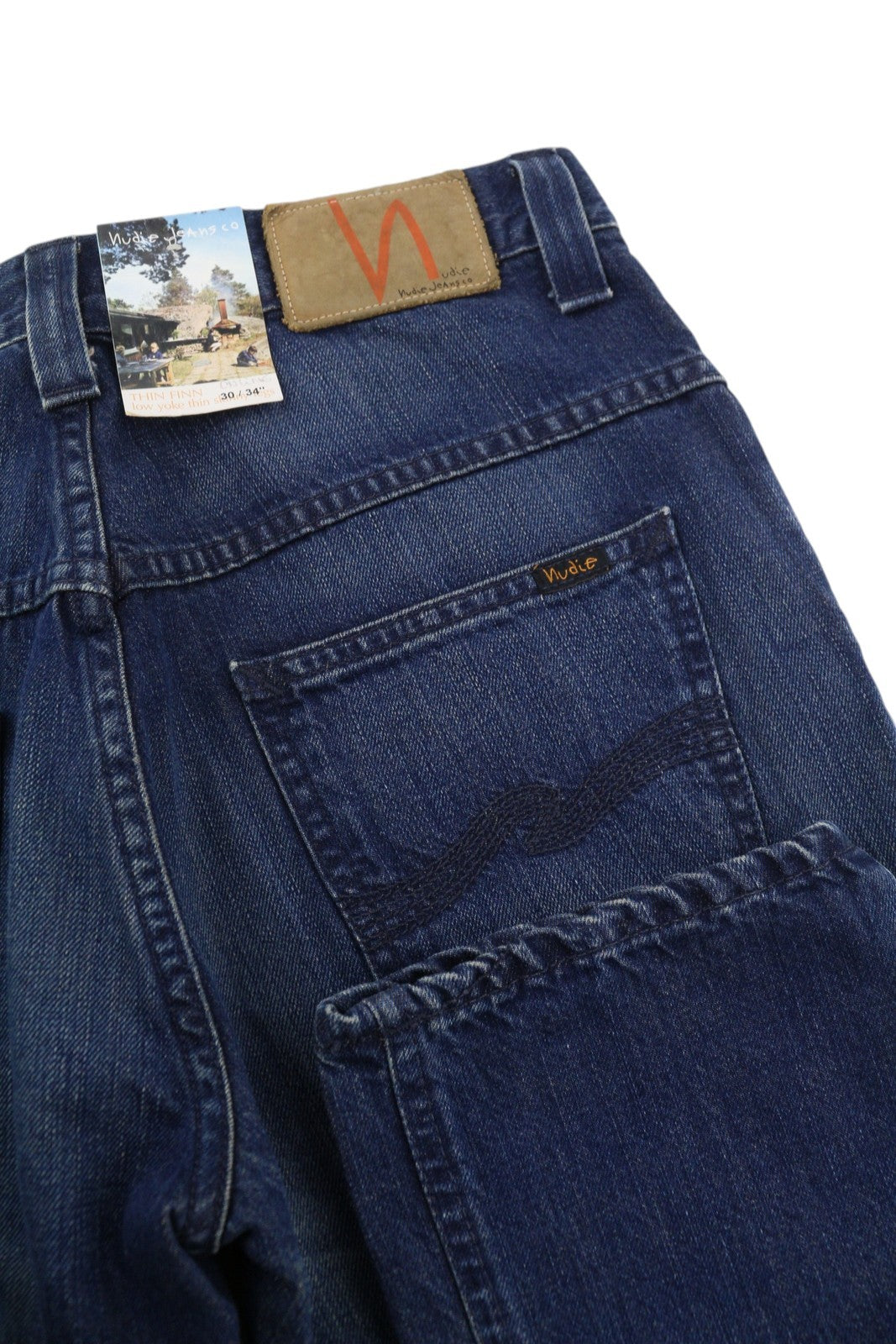 NUDIE JEANS ploni Finn vyriški džinsai W30/L34 mėlyni išblukinti skalbti ploni kirpimo organiniai užtrauktukai