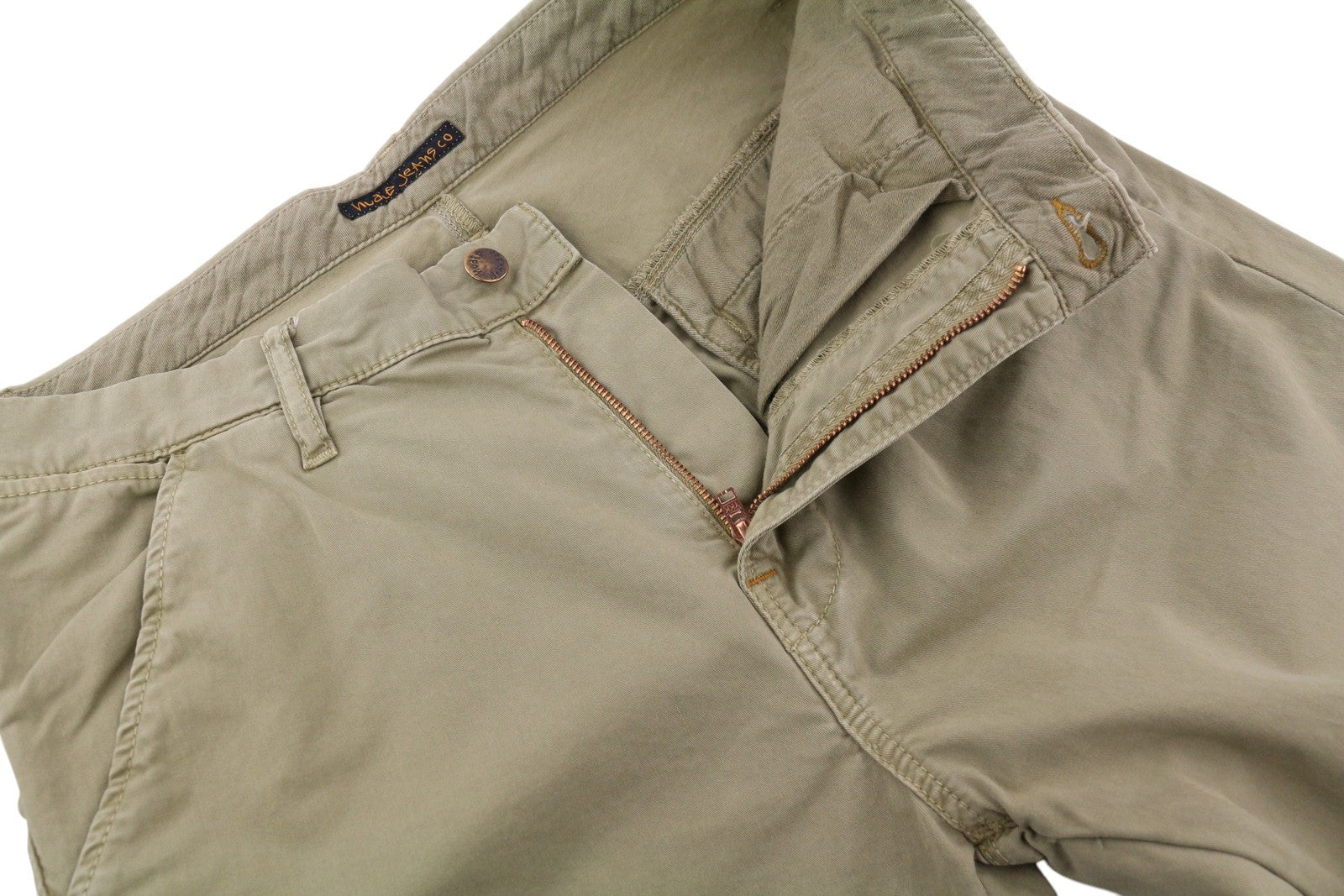 NUDIE JEANS Khaki Slim vyriškos kelnės W30/L34 Organinės šiltos smėlio spalvos chino su užtrauktuku 