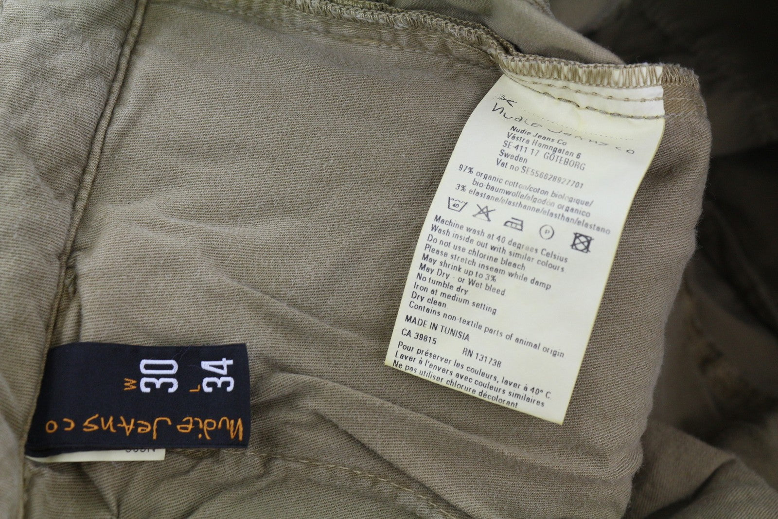 NUDIE JEANS Khaki Slim vyriškos kelnės W30/L34 Organinės šiltos smėlio spalvos chino su užtrauktuku 