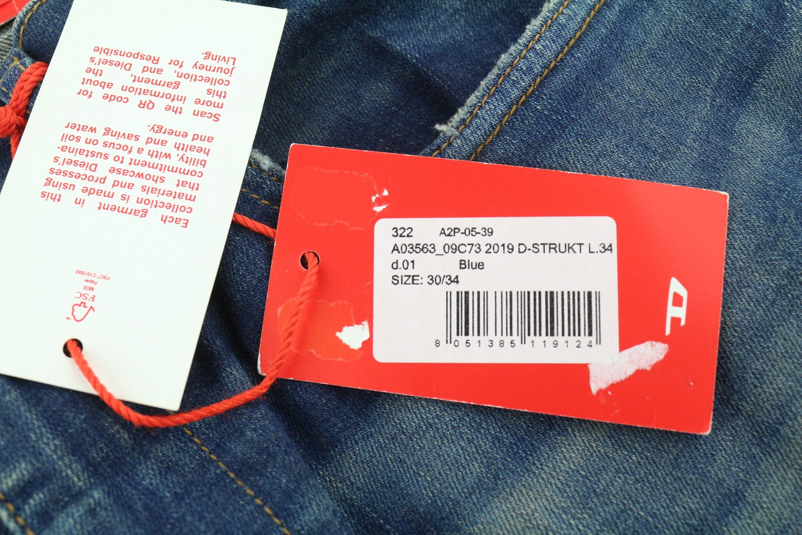 DIESEL 2019 D-Strukt 09C73 vyriški džinsai W30/L34 mėlyni, išblukinti, skalbti, ploni, su užtrauktuku 