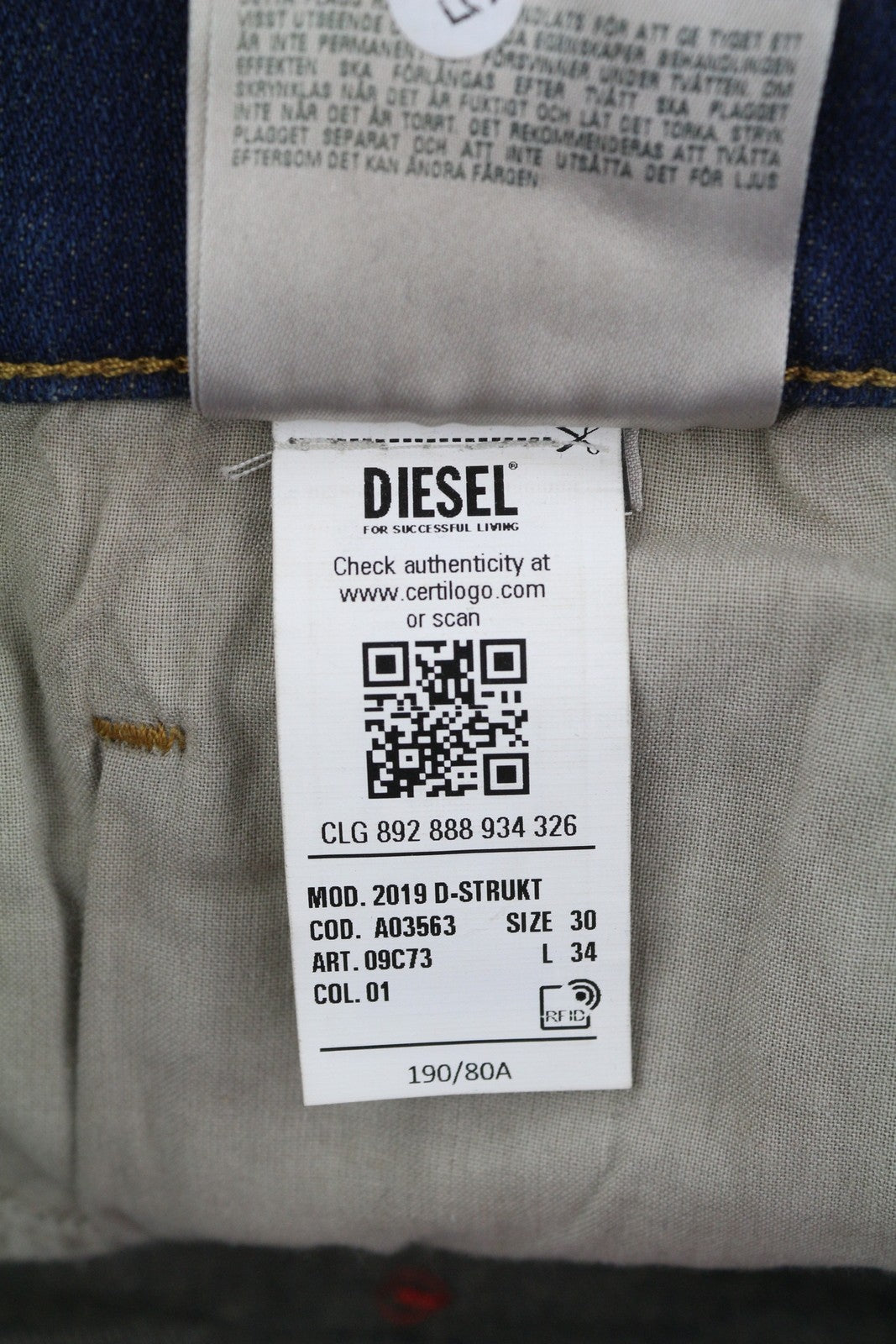 DIESEL 2019 D-Strukt 09C73 vyriški džinsai W30/L34 mėlyni, išblukinti, skalbti, ploni, su užtrauktuku 