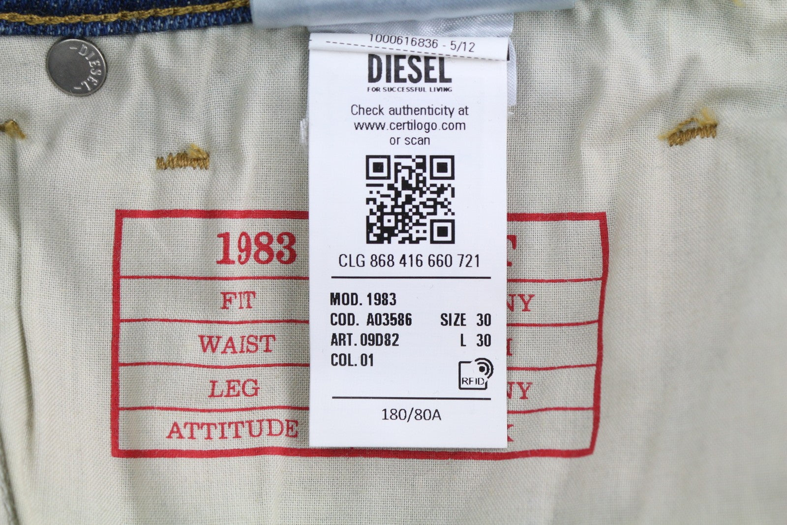 DIESEL 1983 09D82 vyriški džinsai W30/L30 mėlyni su išblukusiu užtrauktuku, aptempti, aukštu juosmeniu