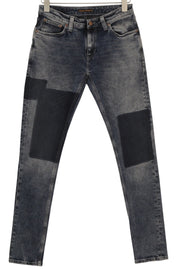 NUDIE JEANS Skinny Lin Patches Men Jeans W30/L32 Grey Faded Washed Denim Zip Fly