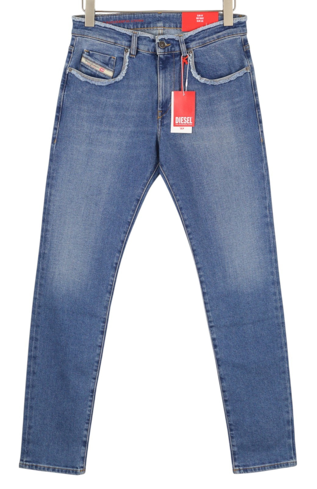 DIESEL 2019 D-Strukt-Sp 09E19 vyriški džinsai W30/L32 mėlyni, išblukinti, skalbti, ploni, su užtrauktuku 