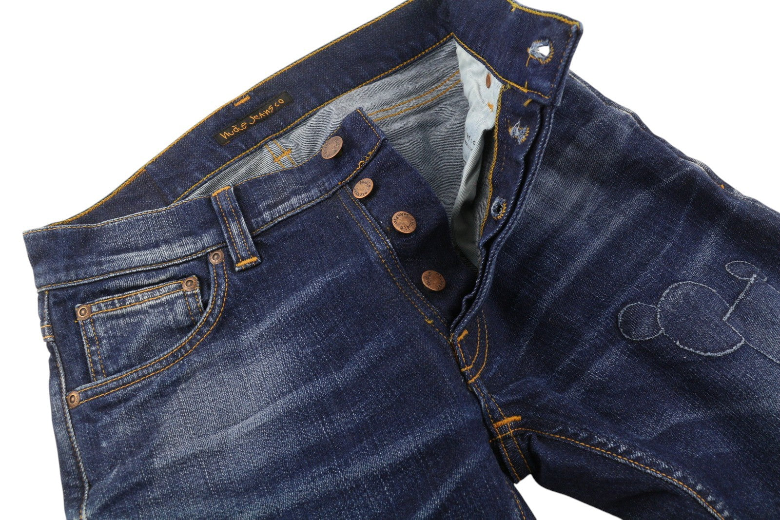 NUDIE JEANS Tilted Tor Men Jeans W29/L32 Patch Mended Button Slim Fit Faded Blue