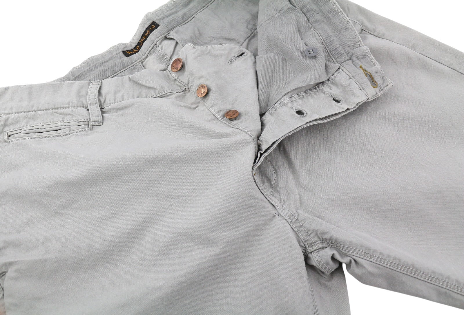 NUDIE JEANS chaki spalvos įprastos vyriškos kelnės W32/L34 Gey Moon Dust Distress Chino* 