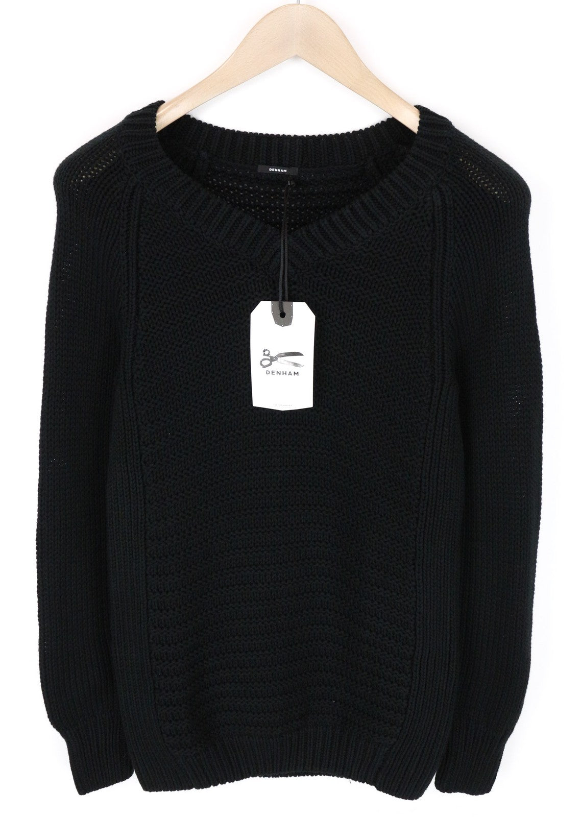 DENHAM Modu moteriškas XS dydžio juodas grynos medvilnės megztinis ilgomis rankovėmis V formos iškirpte