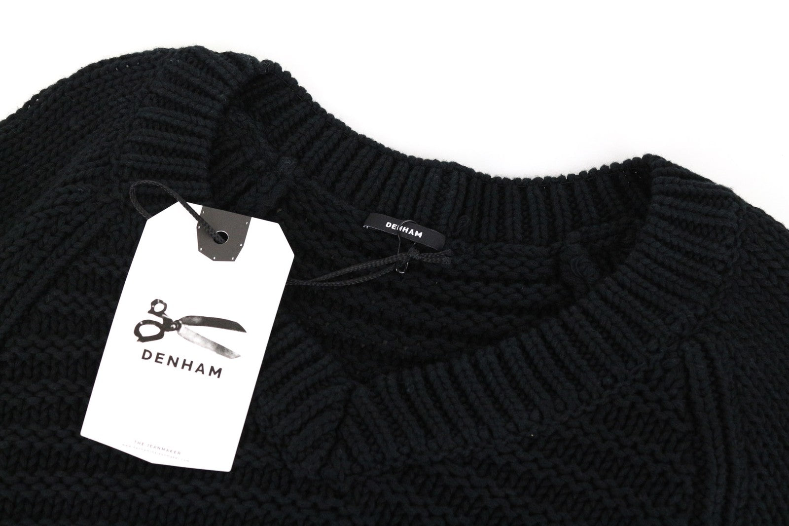 DENHAM Modu moteriškas XS dydžio juodas grynos medvilnės megztinis ilgomis rankovėmis V formos iškirpte