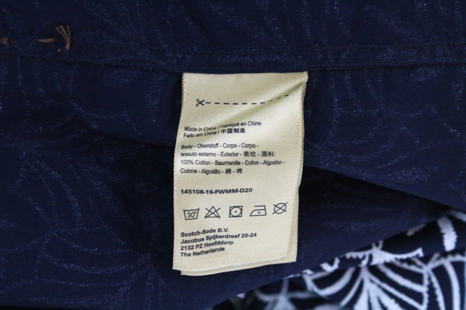 SCOTCH &amp; SODA Ams Couture vyriški M dydžio tamsiai mėlyni grynos medvilnės raštuoti ilgomis rankovėmis marškinėliai 