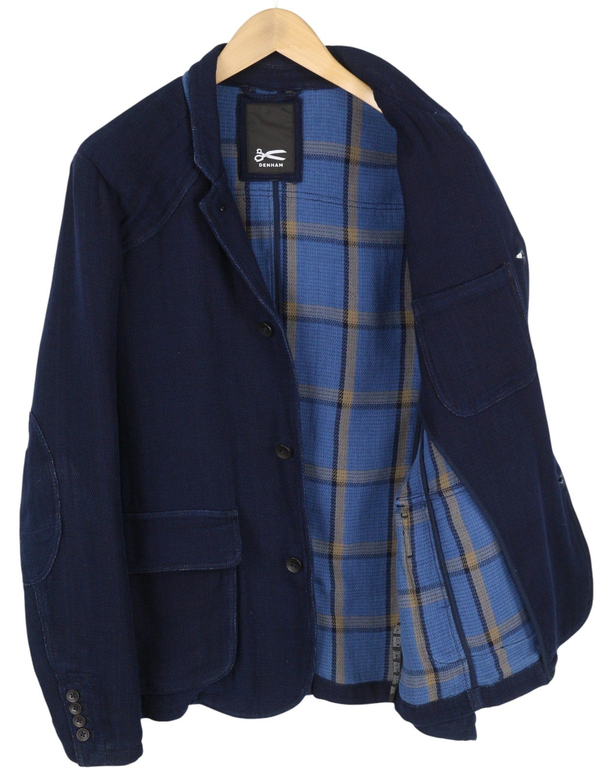 DENHAM vyriškas švarkas M, tamsiai mėlynas, su įpjovomis, atvartu, sagomis užsegamas, be pamušalo, vienaeilis 