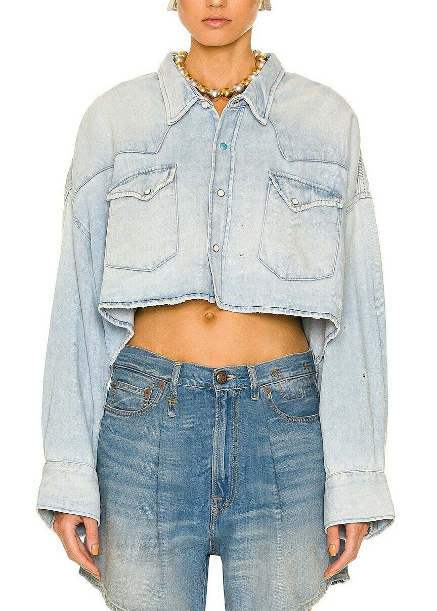 R13 Didelio dydžio trumpi berniukiški marškinėliai su kaubojiška medžiaga, moteriška striukė, M, „Sullivan“ lininio mišinio gaminys, rekomenduojama kaina – 500 € 