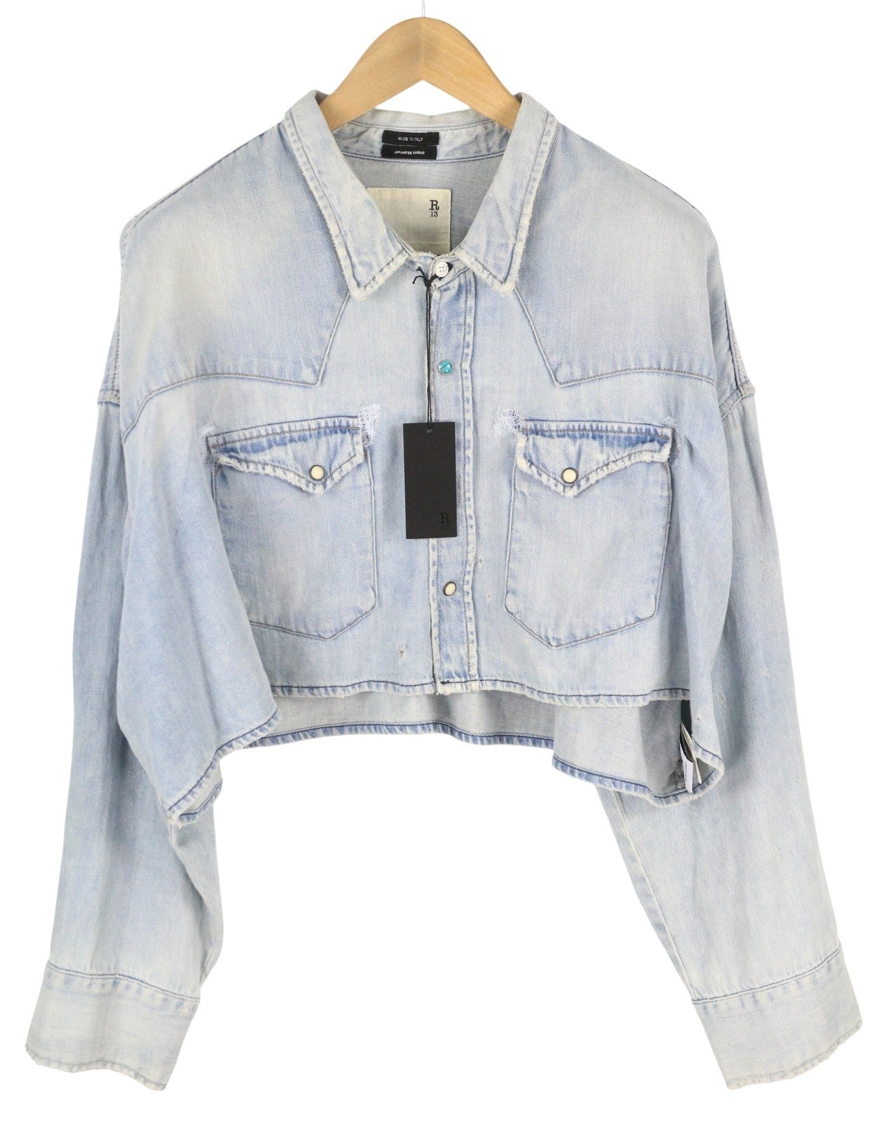 R13 Didelio dydžio trumpi berniukiški marškinėliai su kaubojiška medžiaga, moteriška striukė, M, „Sullivan“ lininio mišinio gaminys, rekomenduojama kaina – 500 € 