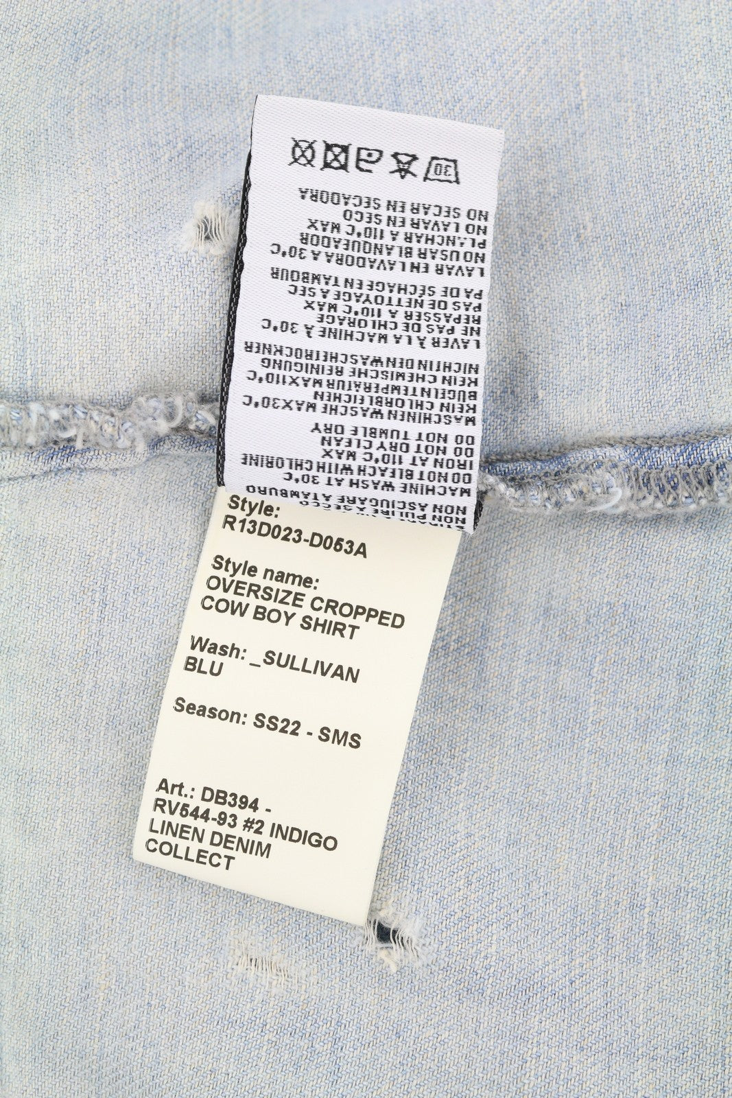 R13 Didelio dydžio trumpi berniukiški marškinėliai su kaubojiška medžiaga, moteriška striukė, M, „Sullivan“ lininio mišinio gaminys, rekomenduojama kaina – 500 € 