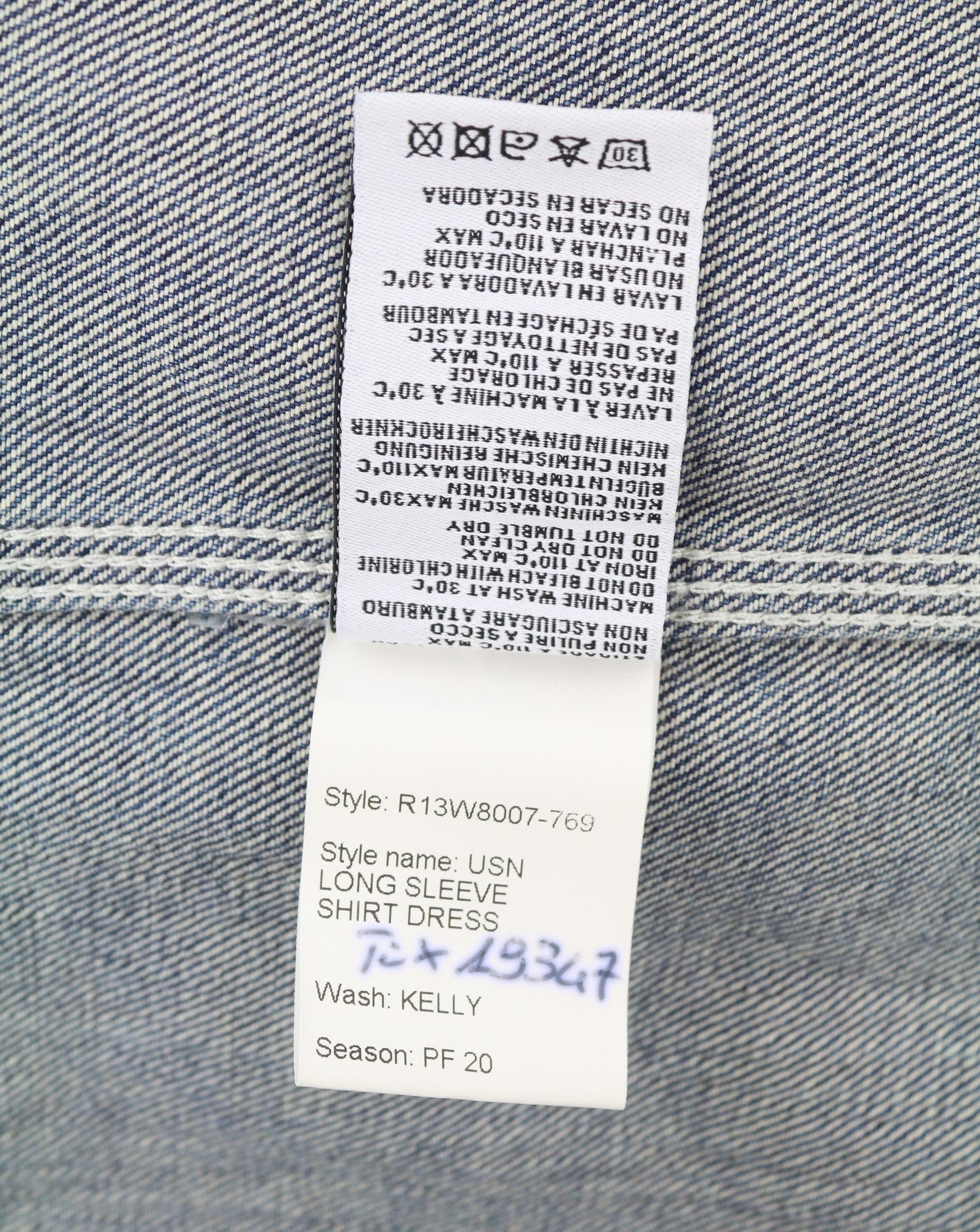 R13 Usn ilgomis rankovėmis marškinių formos suknelė moterims M Kelly sagomis užsegta išblukusi skalbto džinso mėlyna 