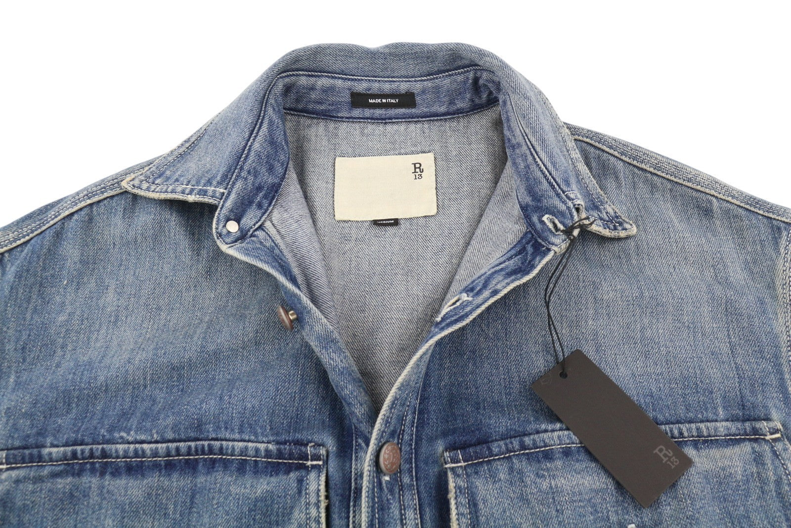 R13 Alice dvigubų marškinėlių moteriškas švarkas M Kellen dideli marškinėliai su sagomis, išblukusi mėlyna 