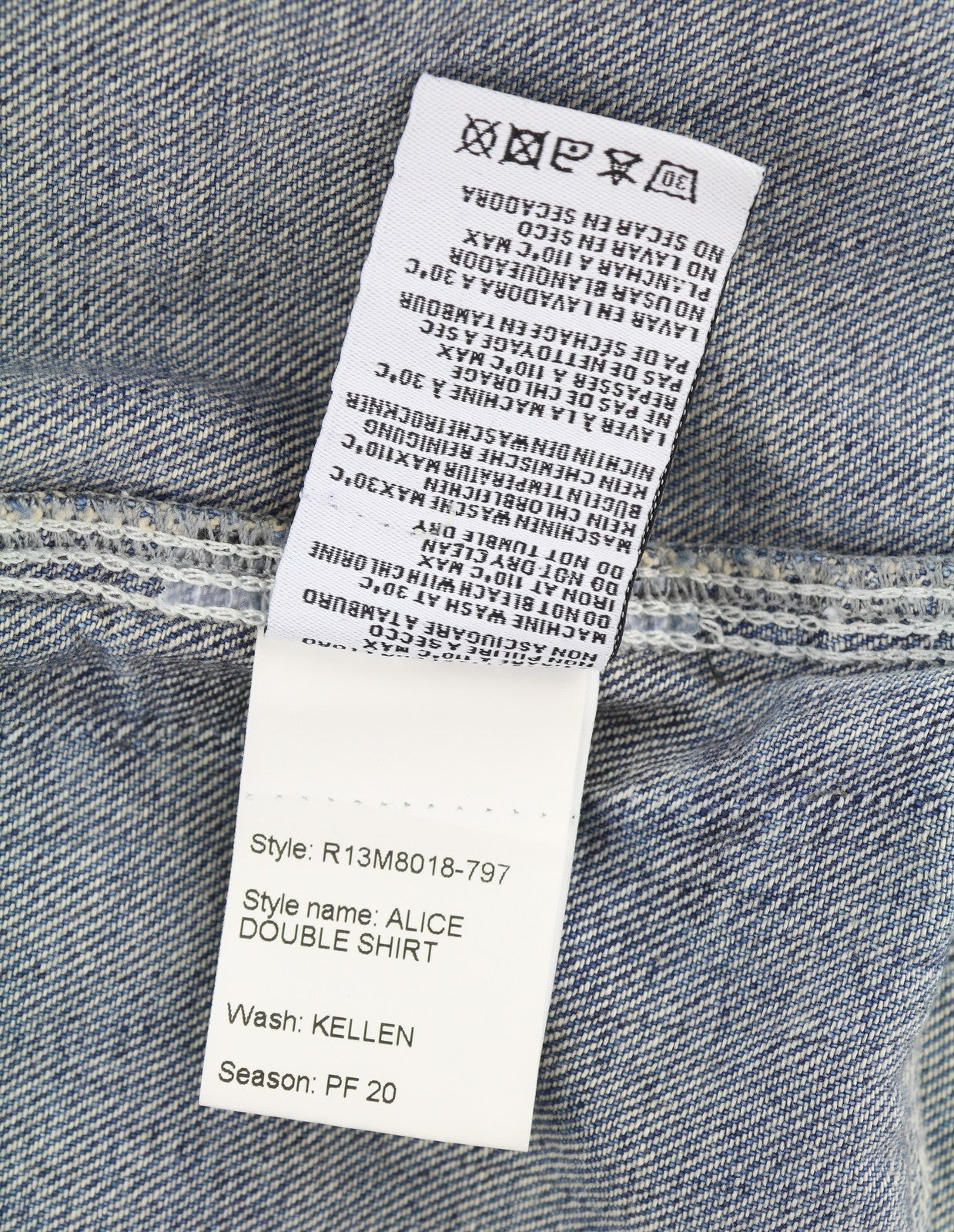R13 Alice dvigubų marškinėlių moteriškas švarkas M Kellen dideli marškinėliai su sagomis, išblukusi mėlyna 