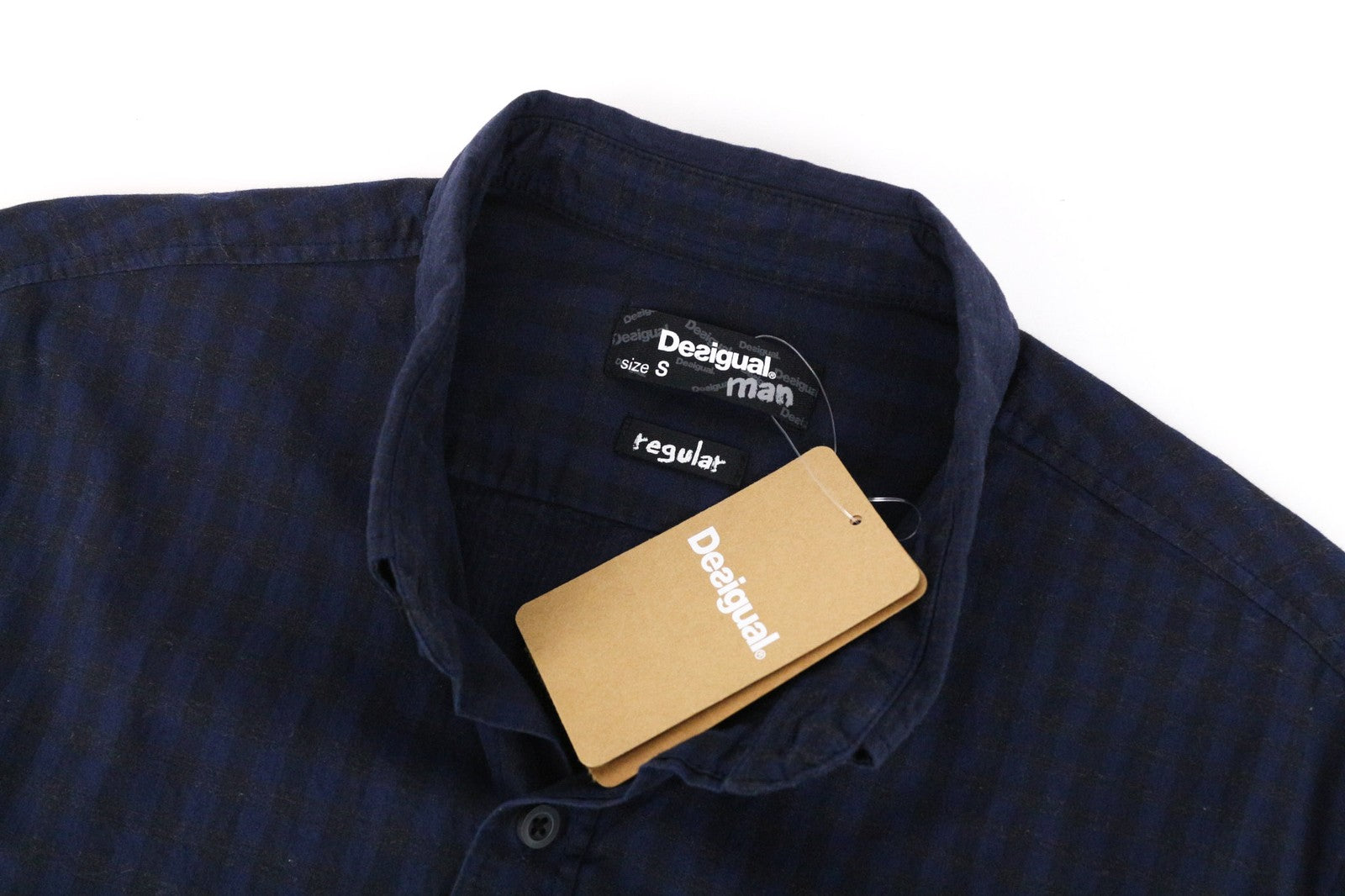 DESIGUAL Isma vyriški S dydžio tamsiai mėlyni medvilniniai tamprūs raštuoti ilgomis rankovėmis marškiniai su kišenėmis 