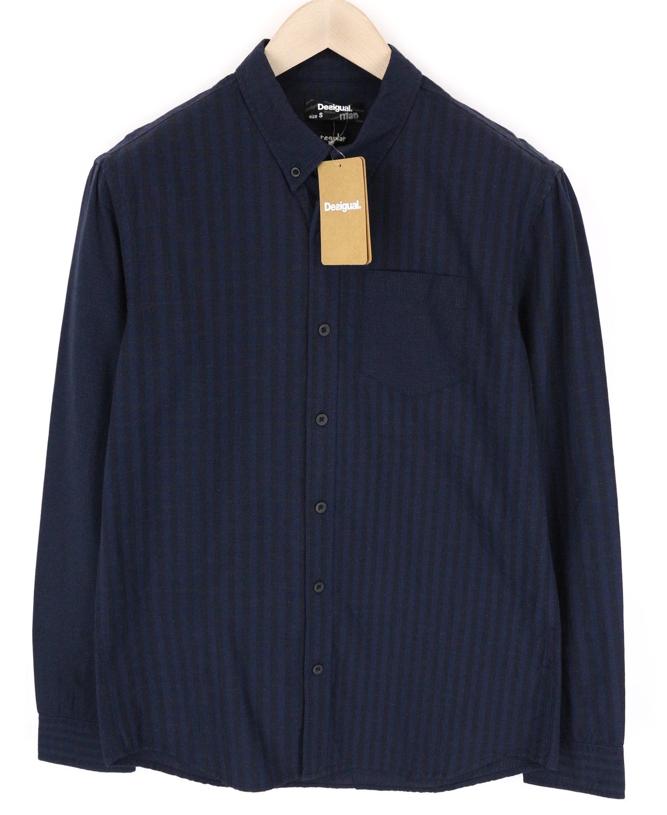 DESIGUAL Isma vyriški S dydžio tamsiai mėlyni medvilniniai tamprūs raštuoti ilgomis rankovėmis marškiniai su kišenėmis 