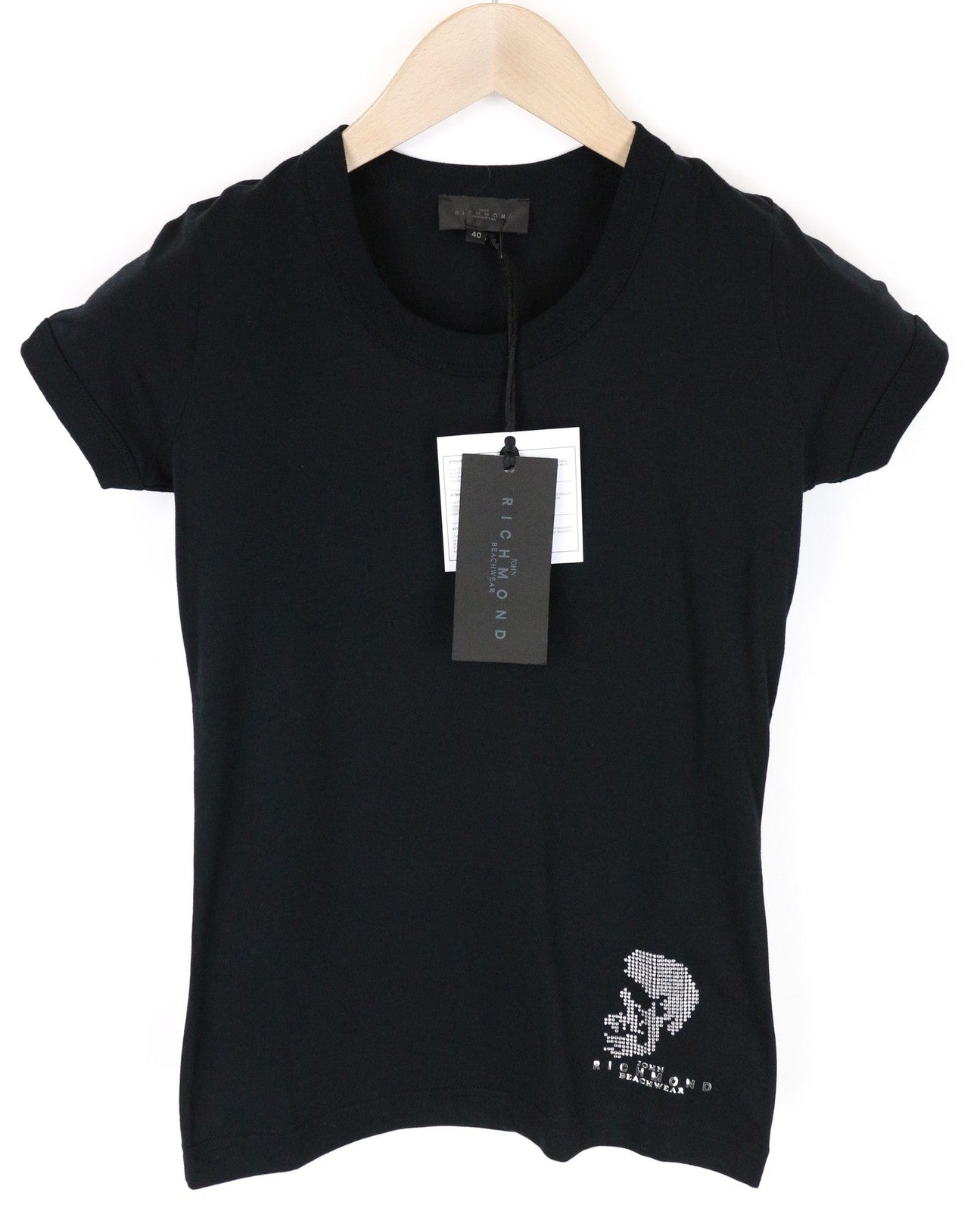 JOHN RICHMOND moteriški juodi IT40 grynos medvilnės trumpomis rankovėmis megztiniai su logotipu 