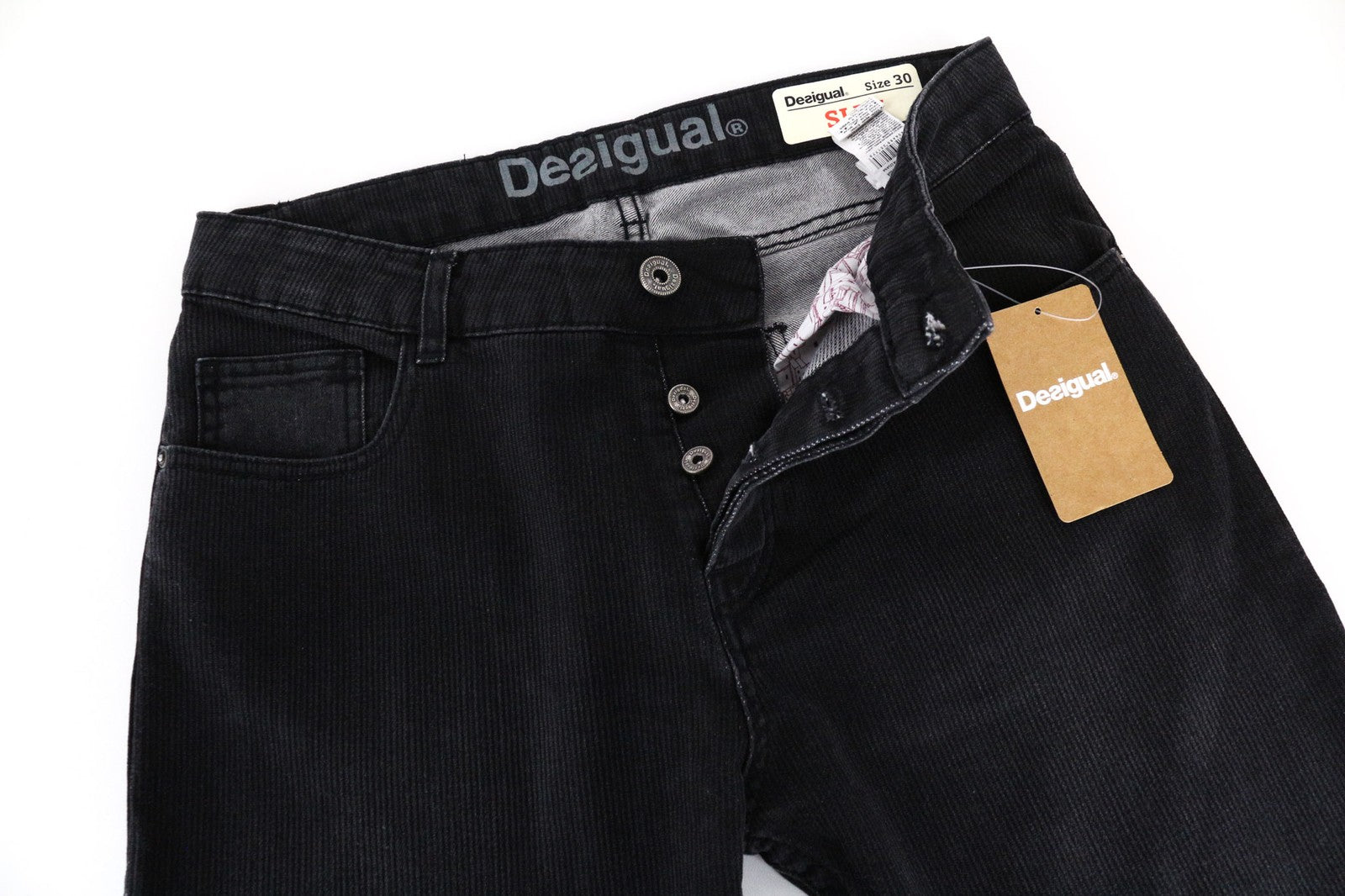 DESIGUAL Leos Men's W30 Dark Grey Slim Fit Corduroy Rib Stretch Denim Jeans