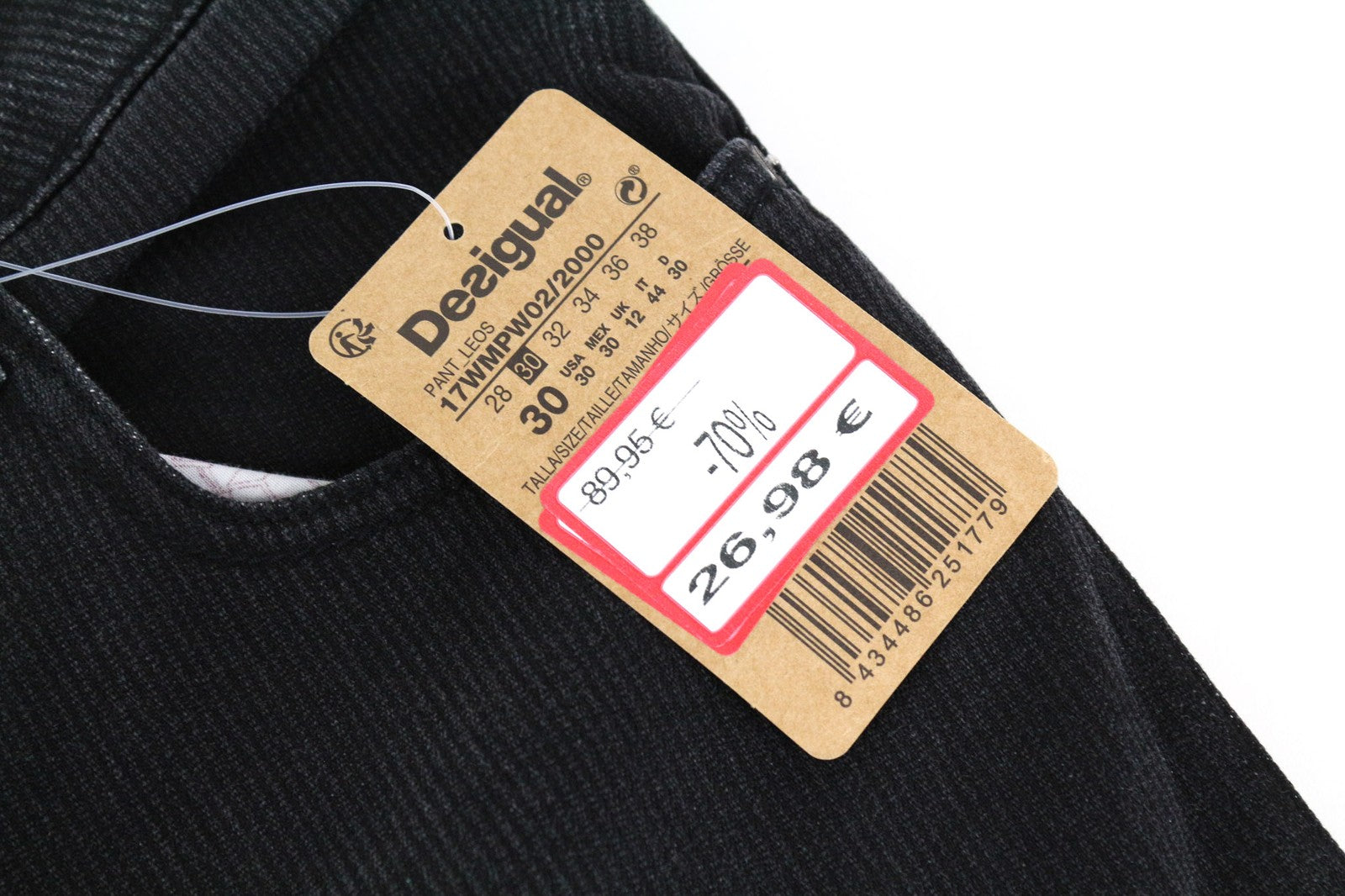 DESIGUAL Leos Men's W30 Dark Grey Slim Fit Corduroy Rib Stretch Denim Jeans