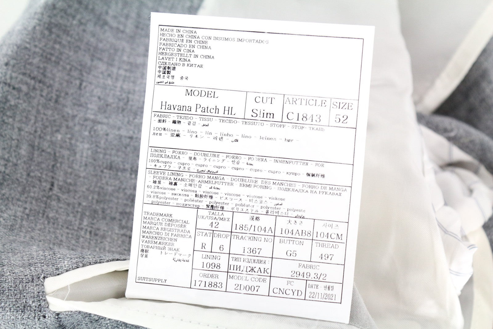 „SUITSUPPLY Havana Patch“ vyriškas pilkas plonas gryno lino švarkas su pamušalu (UK42R) 