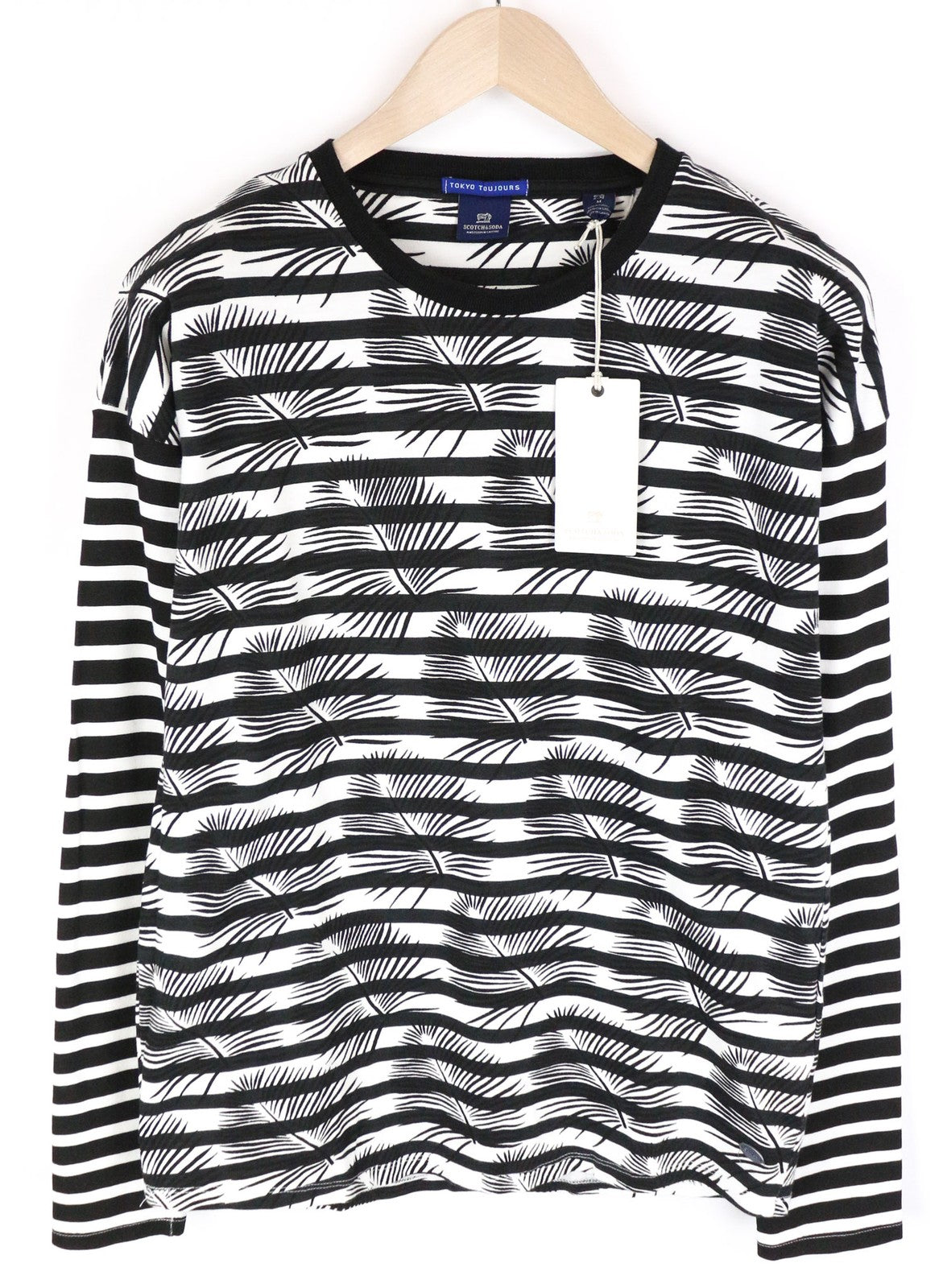 SCOTCH & SODA Men's M Black Striped Crew Neck Pullover with Floral Cotton Print