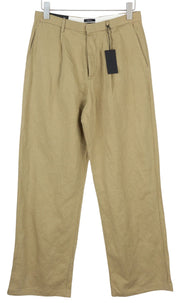 R13 Plačių moteriškų kelnių 27 smėlio spalvos lino mišinio klostuotos sagomis ir logotipu dekoruotos kišenės 