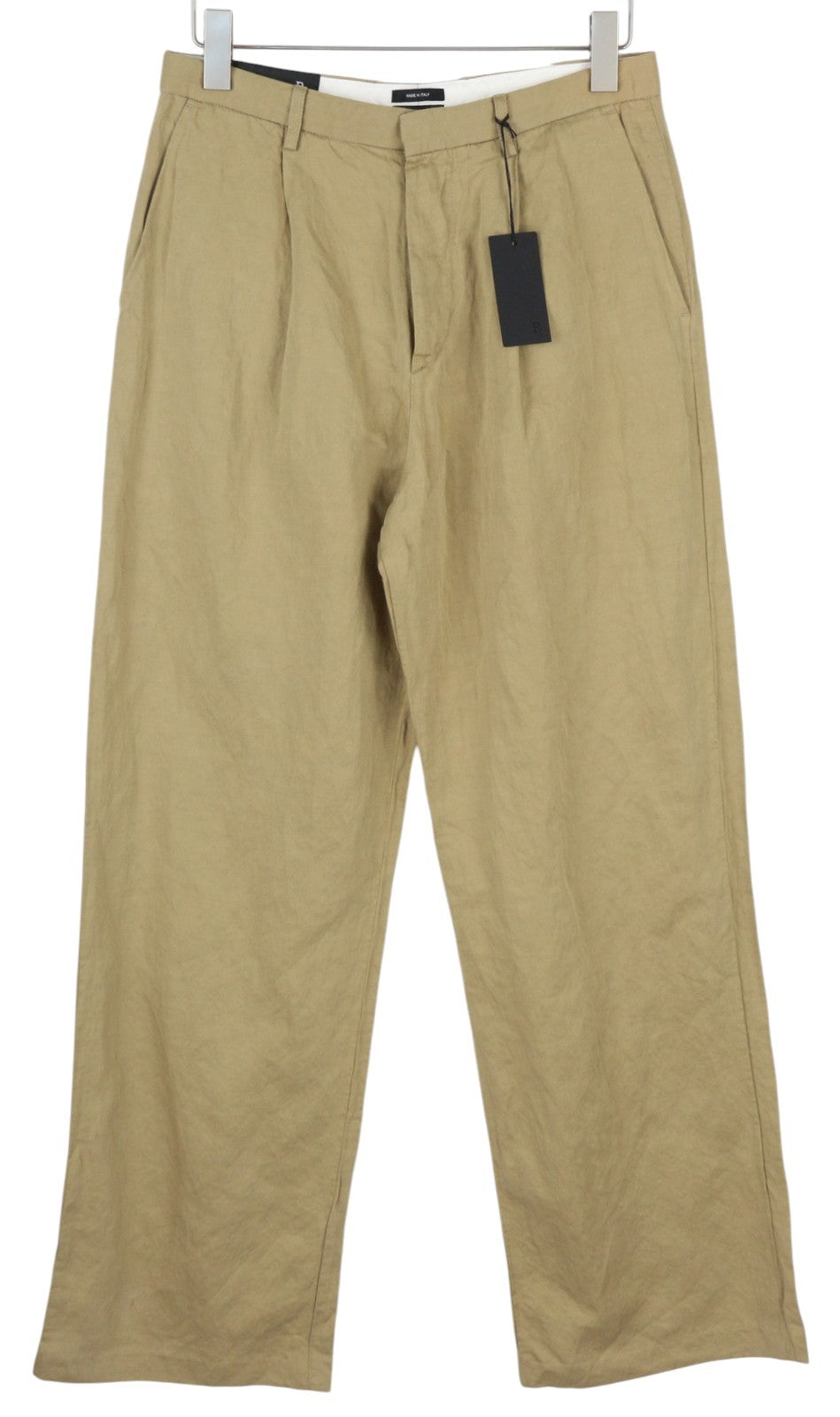 R13 Plačių moteriškų kelnių 27 smėlio spalvos lino mišinio klostuotos sagomis ir logotipu dekoruotos kišenės 