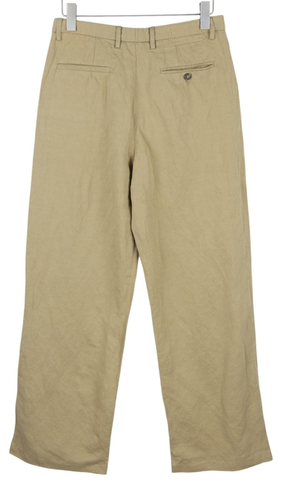 R13 Plačių moteriškų kelnių 27 smėlio spalvos lino mišinio klostuotos sagomis ir logotipu dekoruotos kišenės 