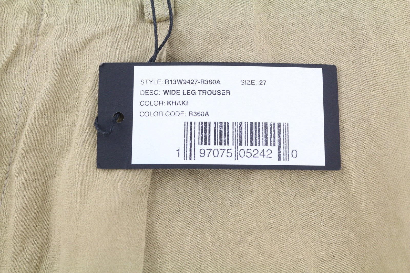 R13 Plačių moteriškų kelnių 27 smėlio spalvos lino mišinio klostuotos sagomis ir logotipu dekoruotos kišenės 