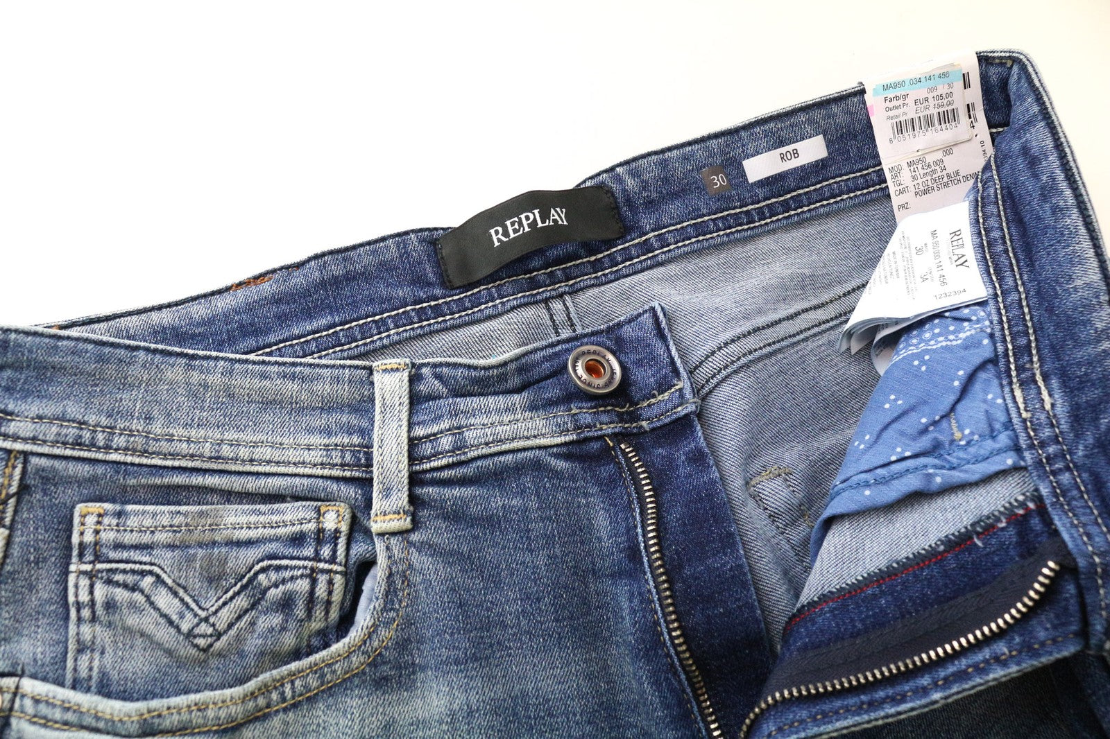 REPLAY Rob Men's Jeans W30/L34 Washed Blue Straight Tapered Cotton Stretch