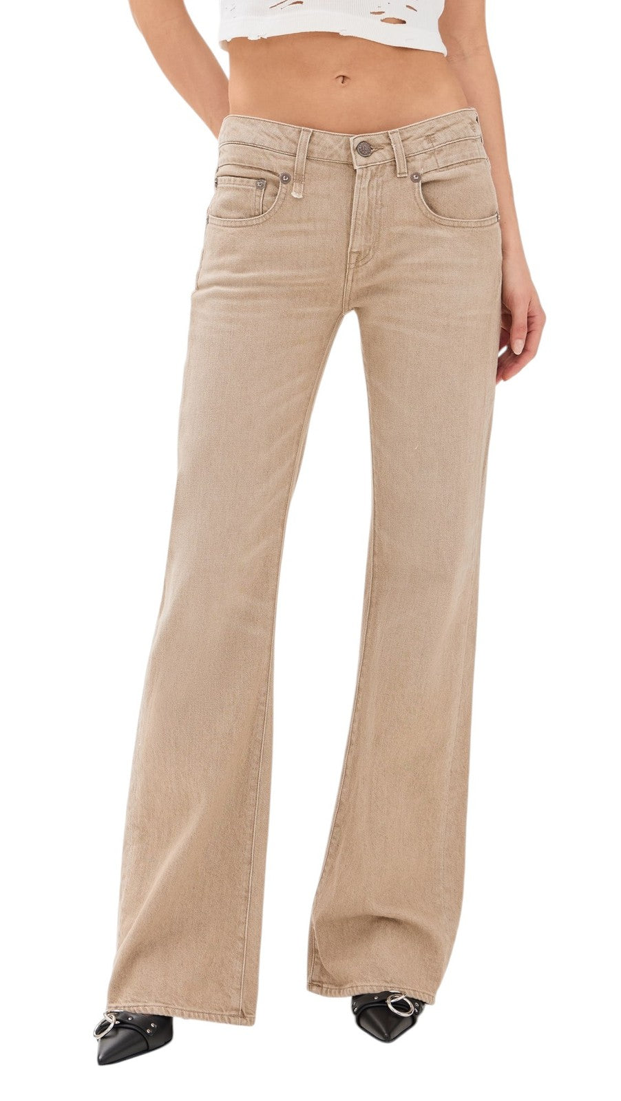 R13 berniukiški platėjantys moteriški džinsai, 25 dydžio, blizgantys, tamprūs su užtrauktuku, PS25, skalbtos, išblukintos smėlio spalvos. RMK 695 € 