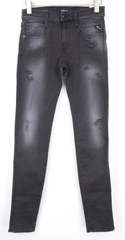 REPLAY Anbass vyriški džinsai W28/L34 Slim pilki medvilnės mišinio tamprūs plėšyti skalbiniai 