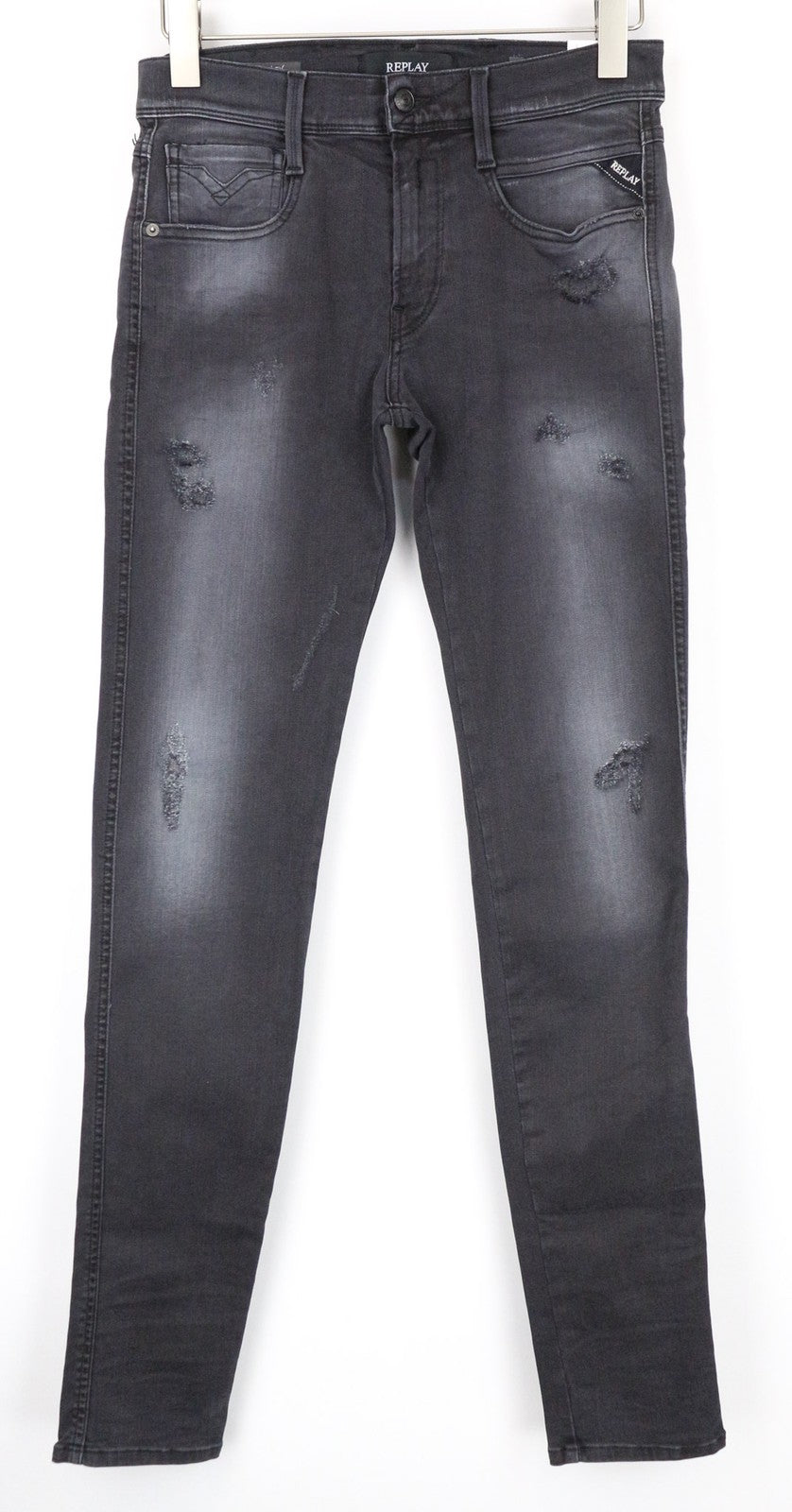 REPLAY Anbass vyriški džinsai W28/L34 Slim pilki medvilnės mišinio tamprūs plėšyti skalbiniai 