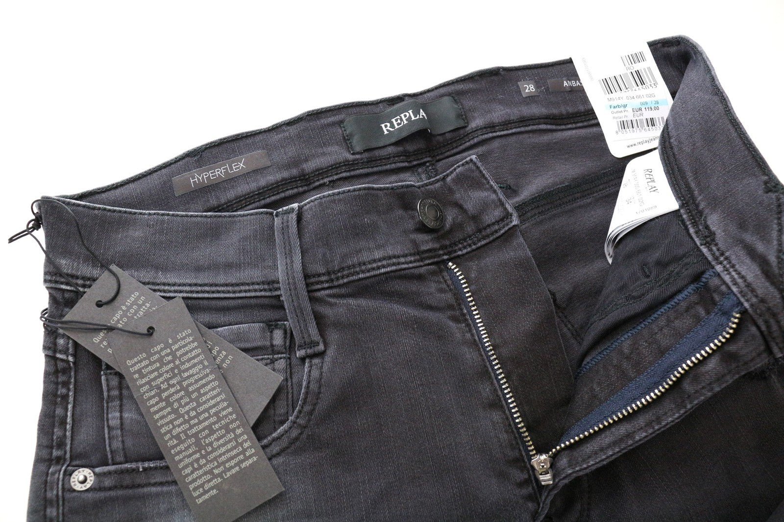 REPLAY Anbass vyriški džinsai W28/L34 Slim pilki medvilnės mišinio tamprūs plėšyti skalbiniai 