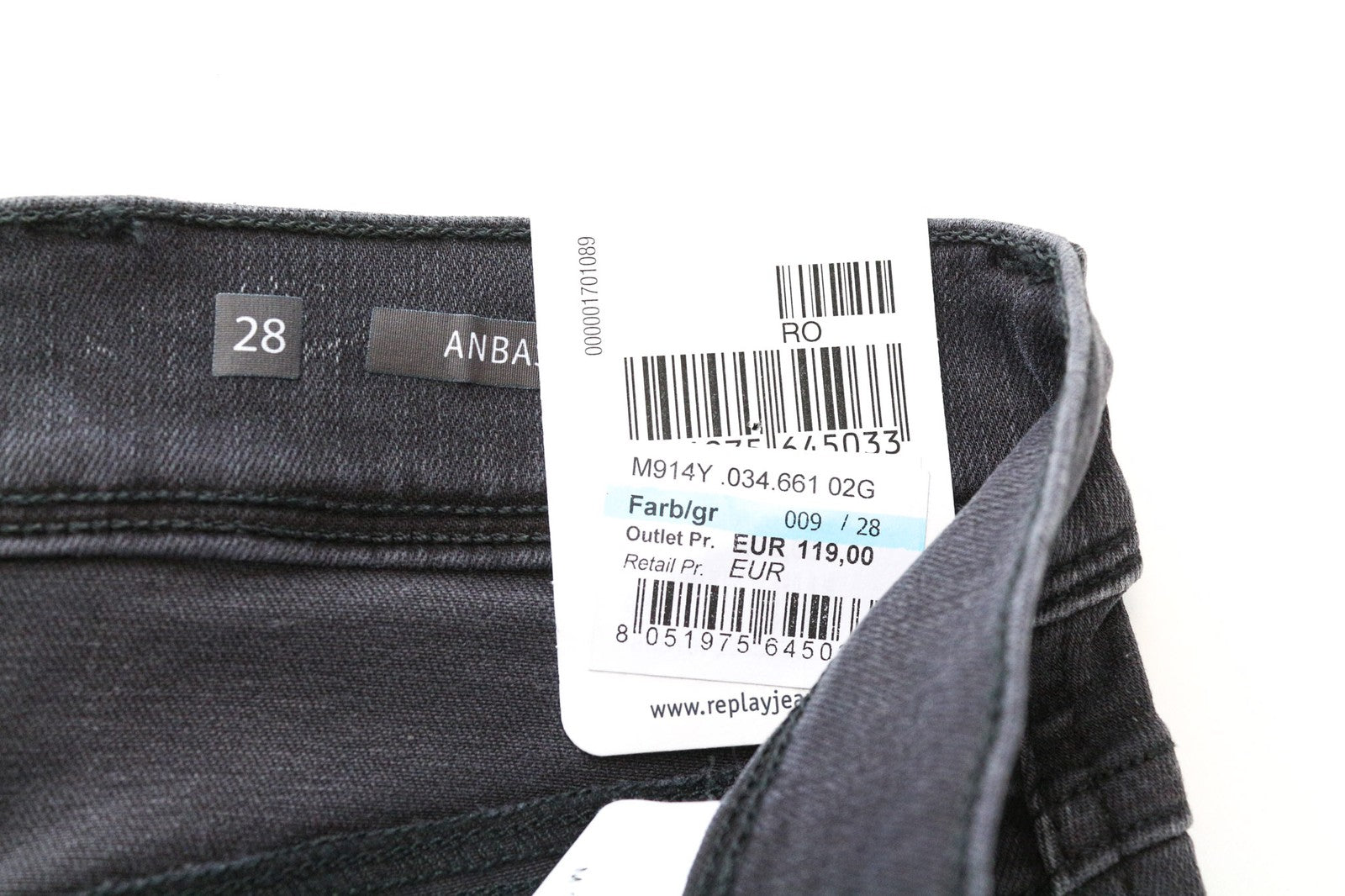REPLAY Anbass vyriški džinsai W28/L34 Slim pilki medvilnės mišinio tamprūs plėšyti skalbiniai 