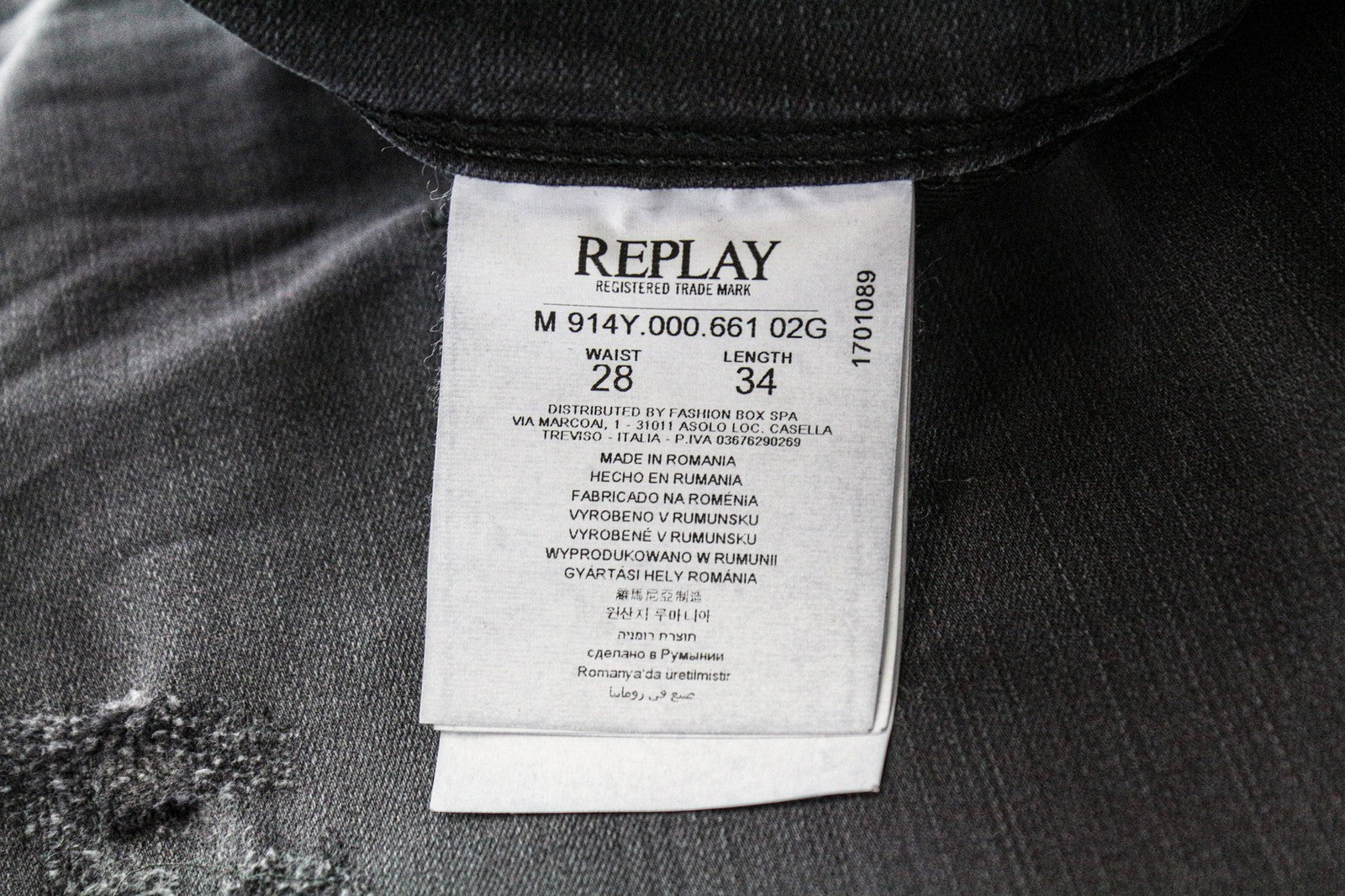 REPLAY Anbass vyriški džinsai W28/L34 Slim pilki medvilnės mišinio tamprūs plėšyti skalbiniai 