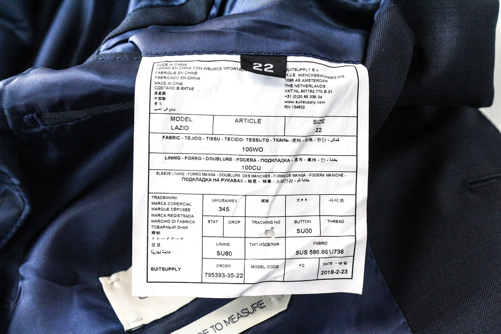 SUITSUPPLY Lazio Men's Suit UK34S Blue Wool Slim Melange 3-Piece Classic