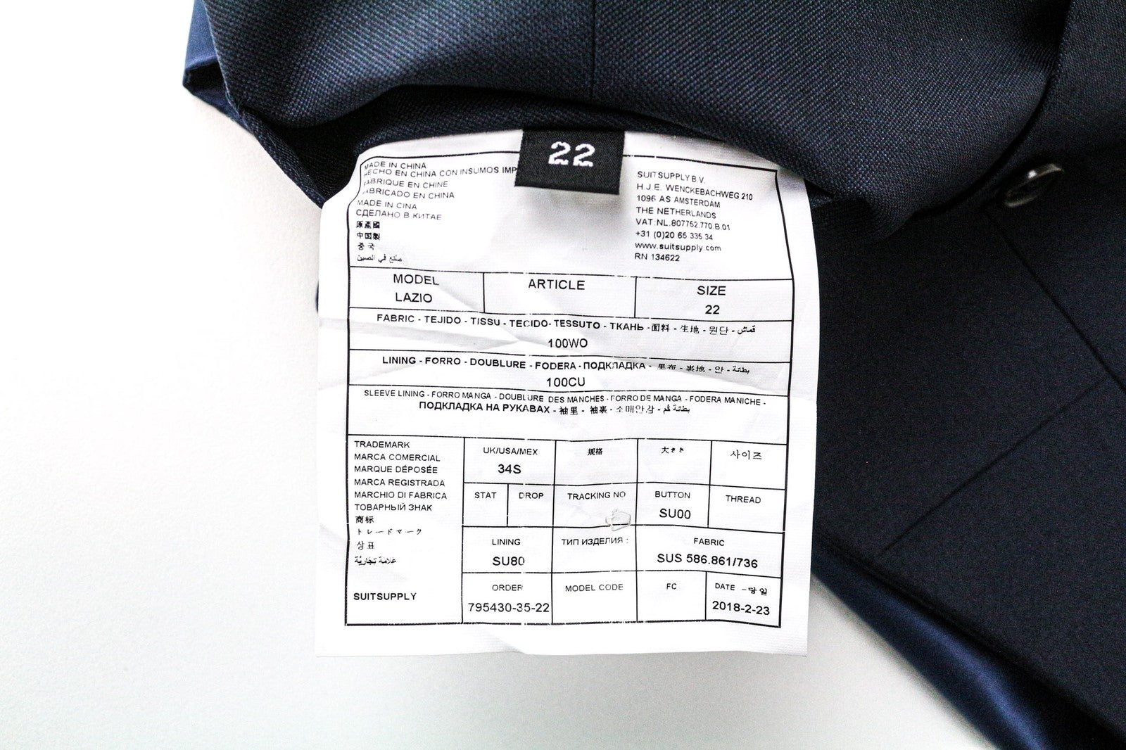 SUITSUPPLY Lazio Men's Suit UK34S Blue Wool Slim Melange 3-Piece Classic