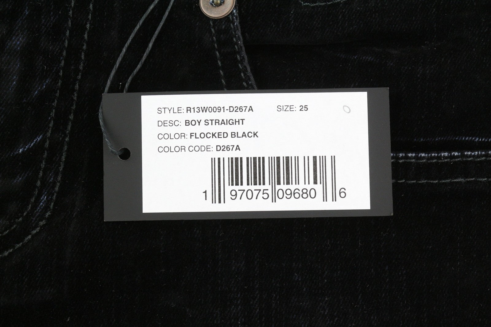 R13 berniukiški tiesūs moteriški džinsai 25 juodi aksominiai trumpinti iki kulkšnių, tamsūs 