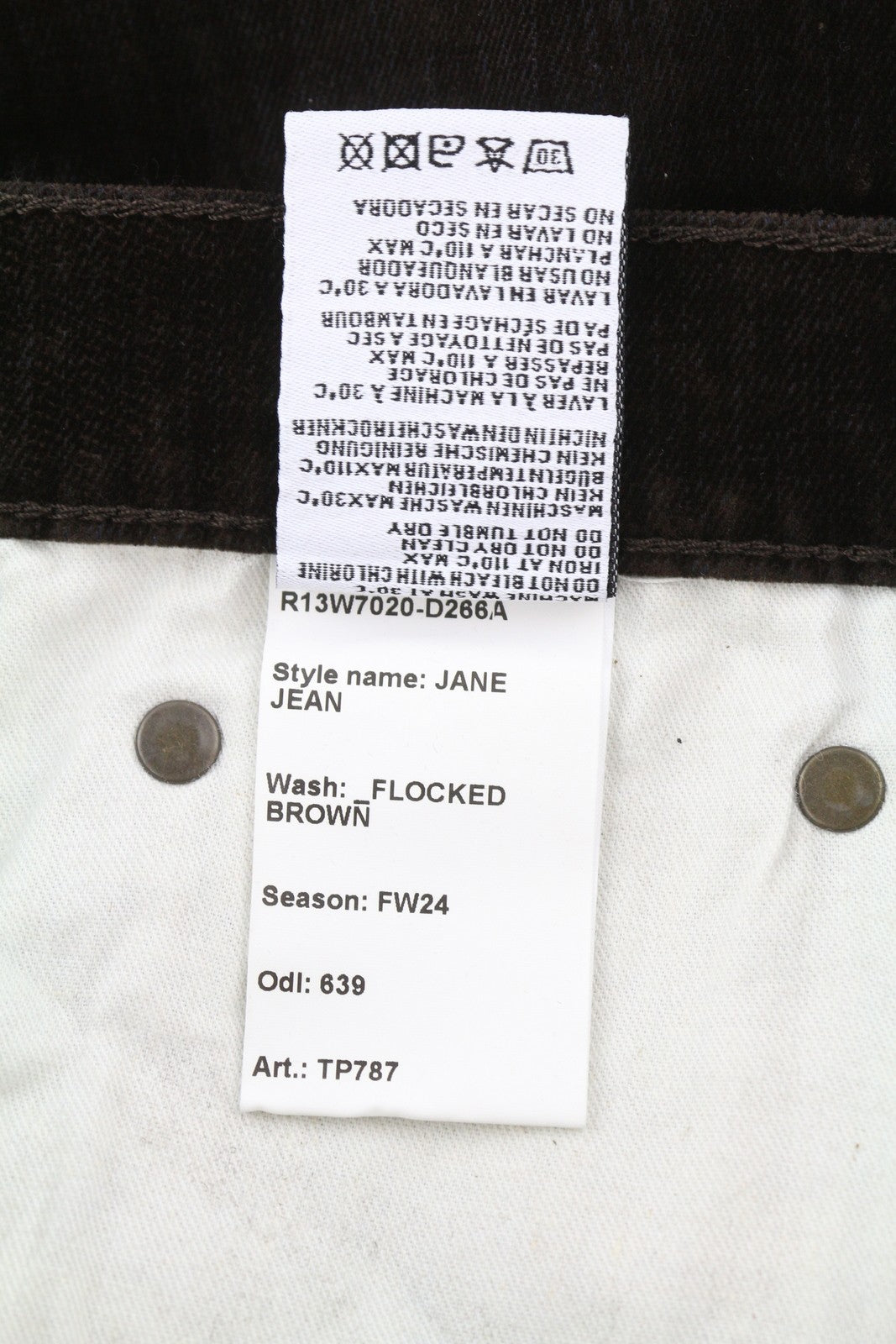 R13 Jane moteriški džinsai 26 rudi, aksominiai, minkšti, užtrauktukai, vidutinio liemens, tamsūs. 