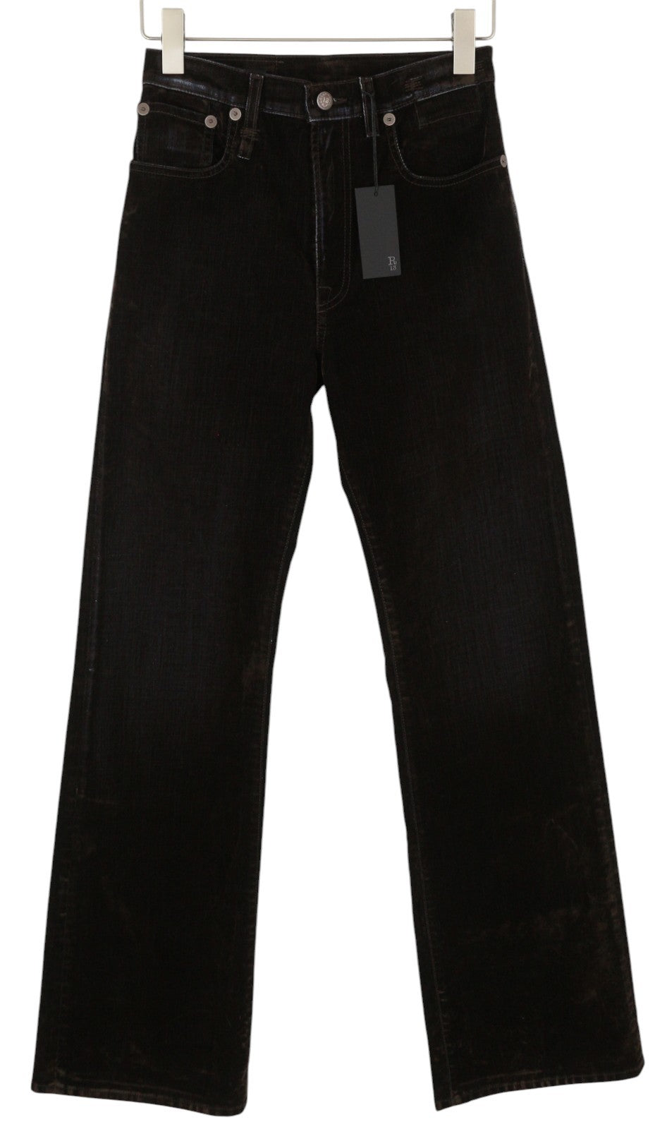 R13 Jane moteriški džinsai 26 rudi, aksominiai, minkšti, užtrauktukai, vidutinio liemens, tamsūs. 