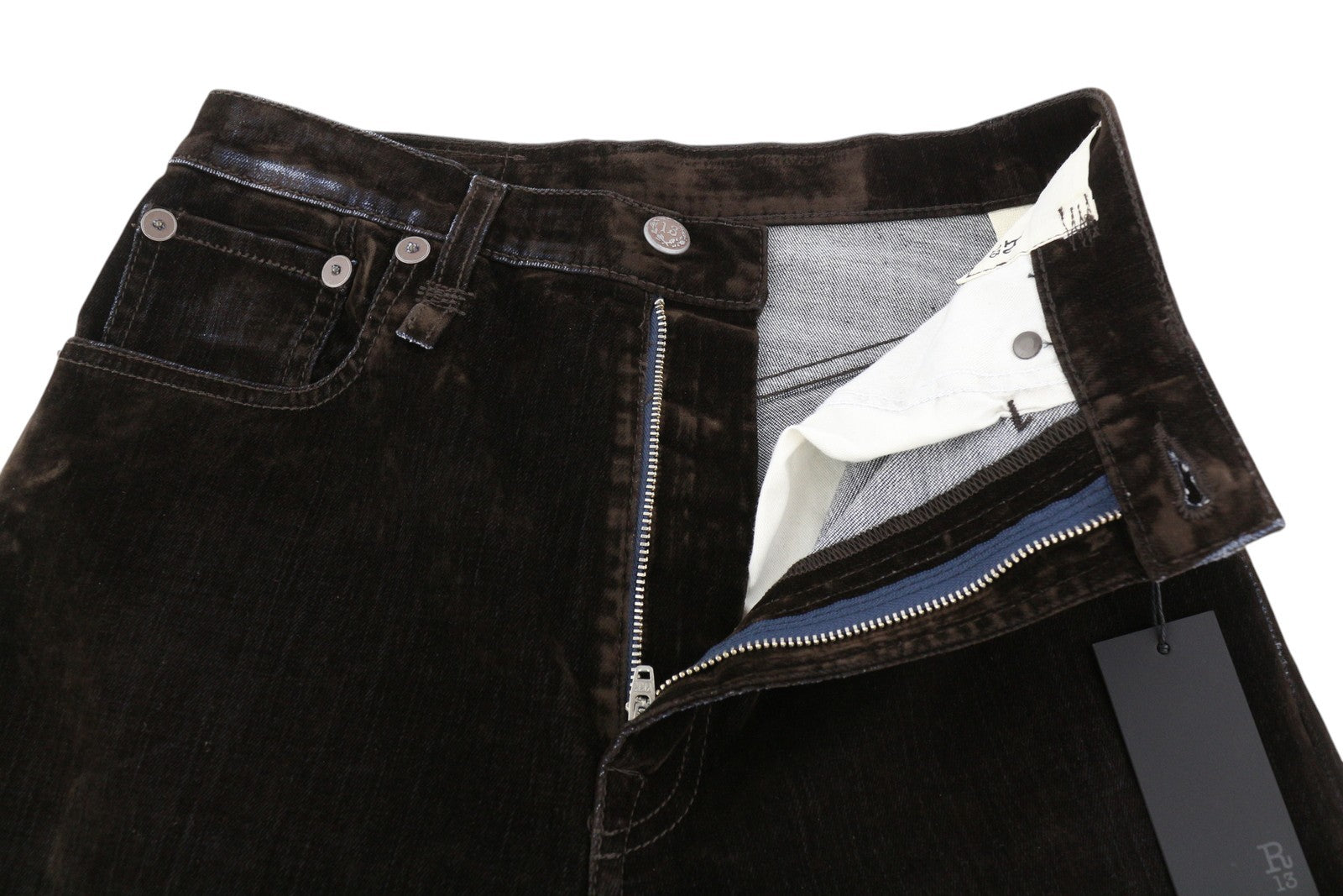 R13 Jane moteriški džinsai 26 rudi, aksominiai, minkšti, užtrauktukai, vidutinio liemens, tamsūs. 