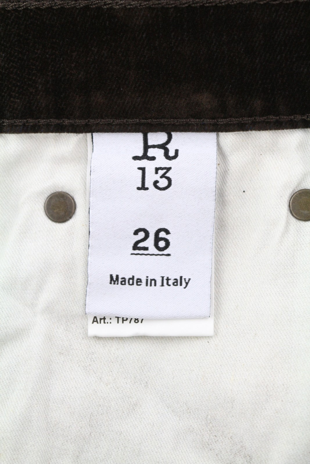 R13 Jane moteriški džinsai 26 rudi, aksominiai, minkšti, užtrauktukai, vidutinio liemens, tamsūs. 